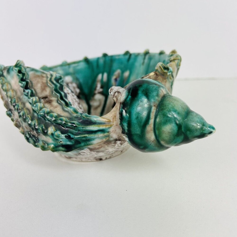 Vtg Italy Trinket Dish Catch All Seashell Jade Green Painted Speckled MCM Signed - Picture 6 of 11